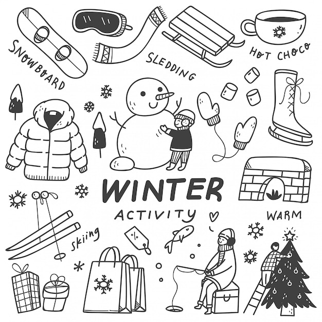 Conjunto de actividades de invierno en estilo doodle