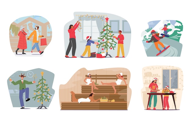 Conjunto de actividades de invierno Personajes familiares decoran el árbol de Navidad Niños montando tablas de snowboard Niñas comprando regalos y relajándose en la sauna Madre con hija cocinando personas de dibujos animados Vector Ilustración