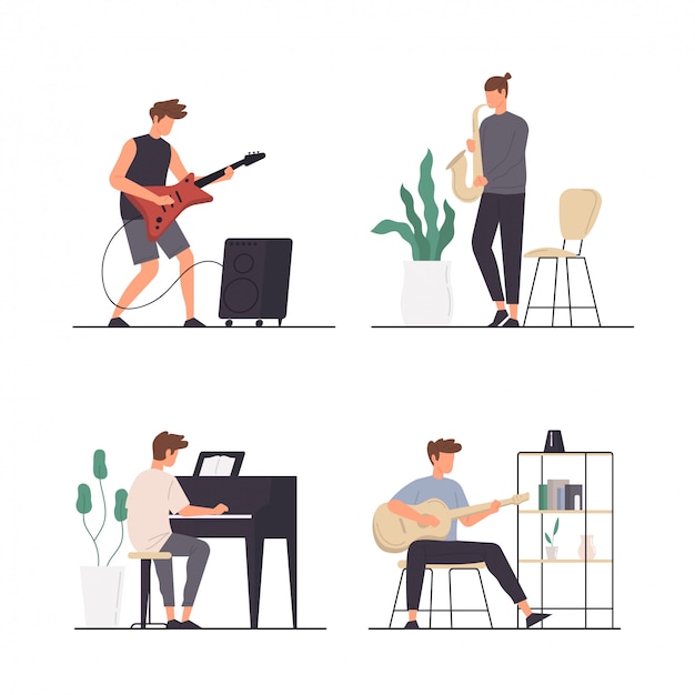 Vector conjunto de actividades de personas tocando diferentes tipos de instrumentos musicales