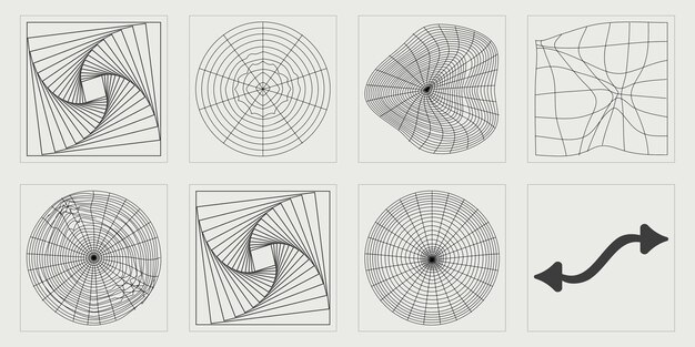 Conjunto de activos gráficos vectoriales Adornos gráficos retro futuristas Iconos planos minimalistas