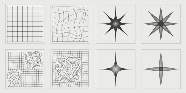 Conjunto de activos gráficos vectoriales Brutalismo formas de estrellas y flores Iconos planos minimalistas