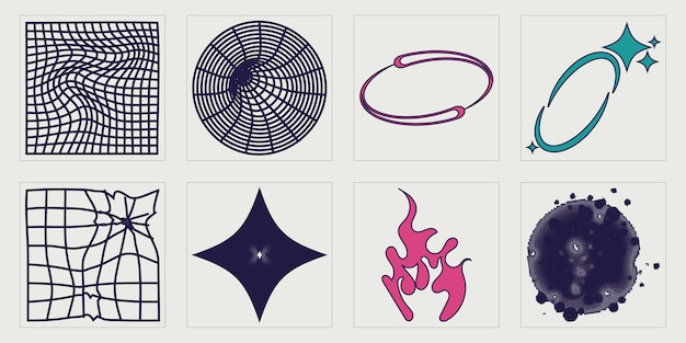 Conjunto de activos gráficos vectoriales Brutalismo formas de estrellas y flores Iconos planos minimalistas