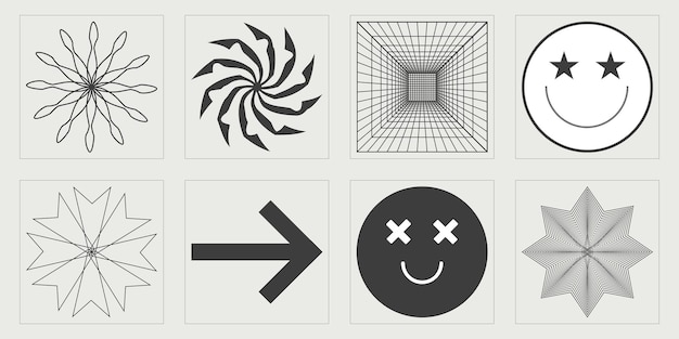Conjunto de activos gráficos vectoriales Figuras posmodernas geométricas de moda Elementos Cyberpunk