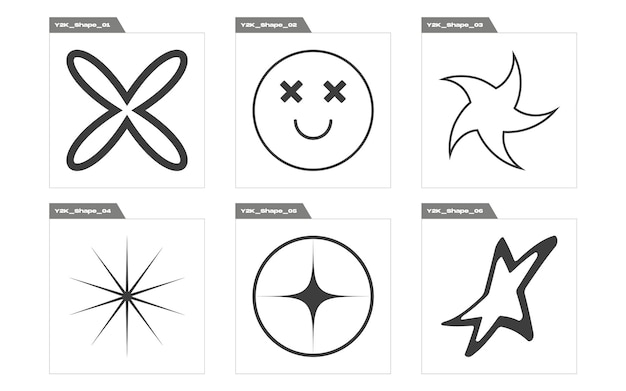 Conjunto de activos gráficos vectoriales Formas de estrellas y flores de brutalismo Objetos en estilo y2k