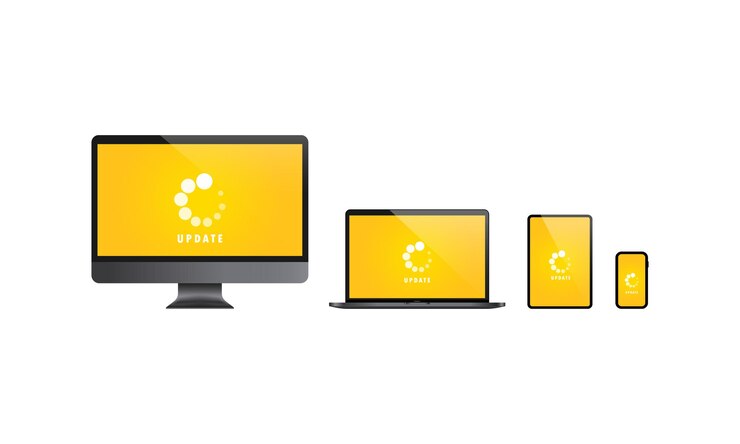 Vector conjunto de actualización del sistema de dispositivos. instalación de actualizaciones para computadora, computadora portátil, tableta y teléfono inteligente. vector sobre fondo blanco aislado. eps 10.