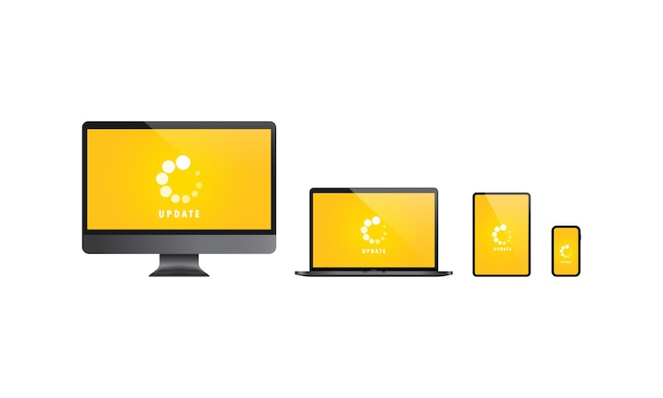 Vector conjunto de actualización del sistema de dispositivos. instalación de actualizaciones para computadora, computadora portátil, tableta y teléfono inteligente. vector sobre fondo blanco aislado. eps 10.