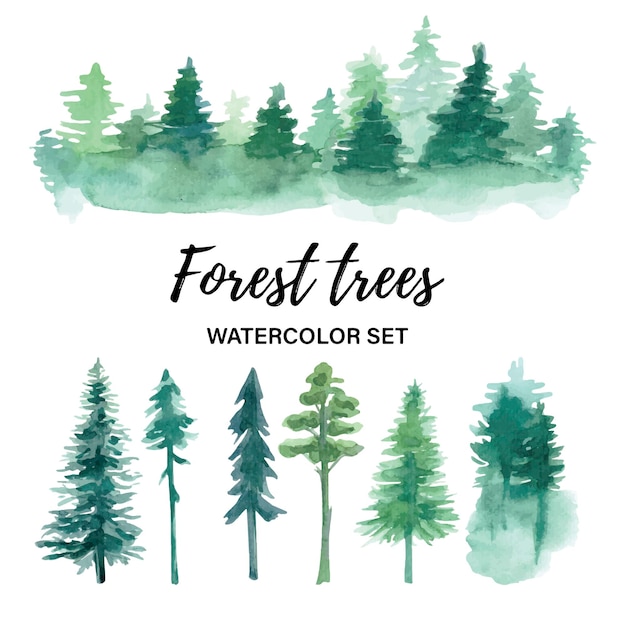 Conjunto de acuarela de árboles forestales árbol vectorial dibujado a mano verde ilustración vectorial