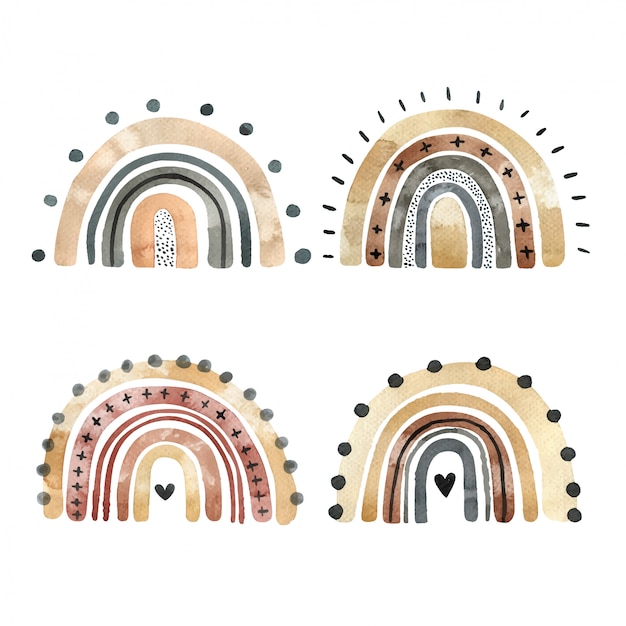 Vector conjunto de acuarela arco iris con estilo aislado en un fondo blanco. elementos dibujados a mano para logotipo, decoración infantil, textil y otros fines.