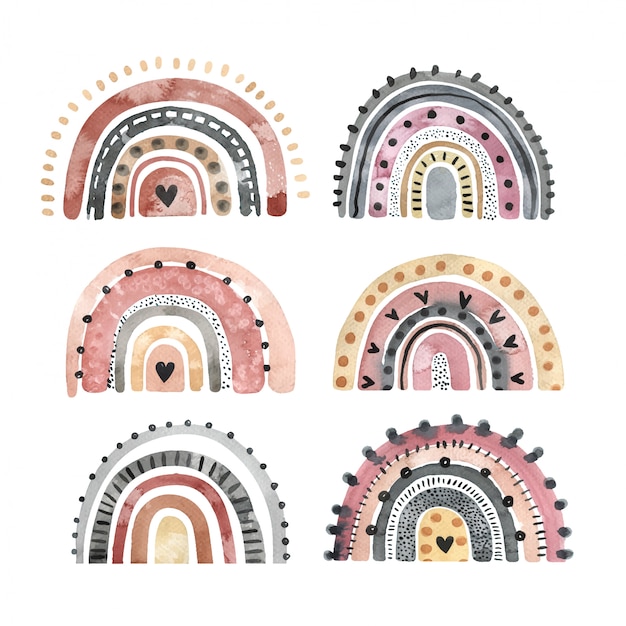 Conjunto de acuarela arco iris con estilo aislado en un fondo blanco. Elementos dibujados a mano para logotipo, decoración infantil, textil y otros fines.
