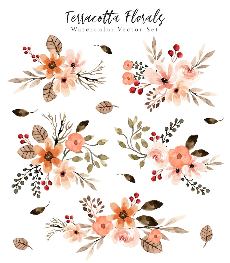 Vector conjunto de acuarela de arreglo floral de terracota