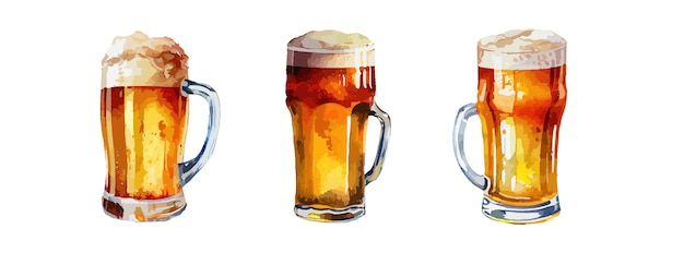Conjunto de acuarela de cerveza aislada sobre fondo blanco Fiesta de alcohol vaso de cerveza colección de bebidas Ilustración vectorial