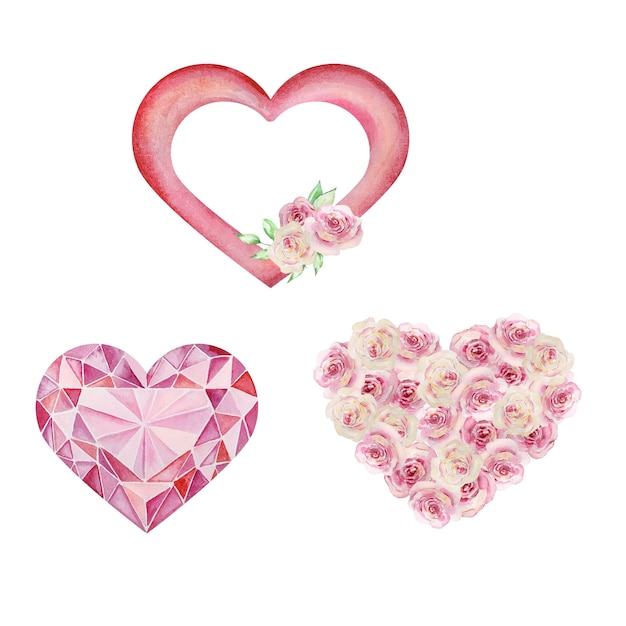 Conjunto de acuarela corazones brillantes de san valentín