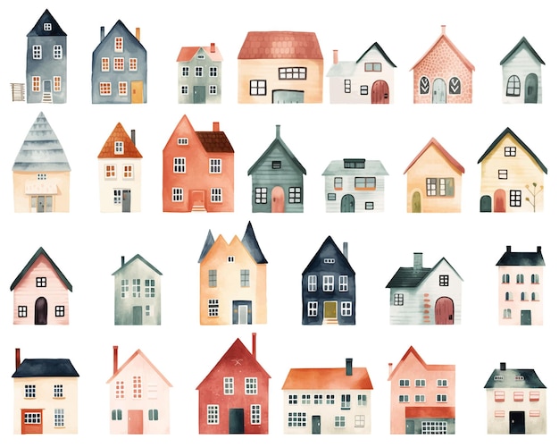 conjunto, de, acuarela, escandinavo, casas, lindo, infantil, europeo, edificios, moderno, scandi, vector, elementos