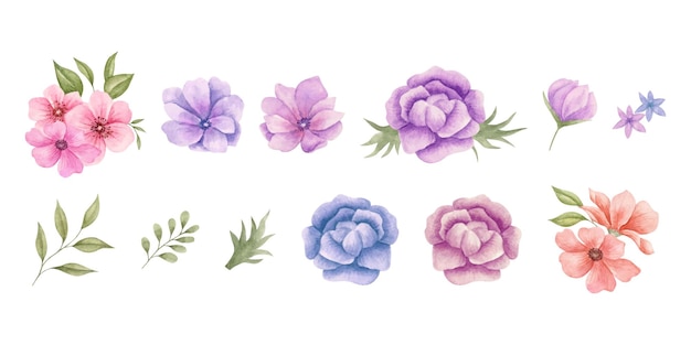 Vector conjunto de acuarela de flores y hojas de color púrpura y azul para el diseño del ramo