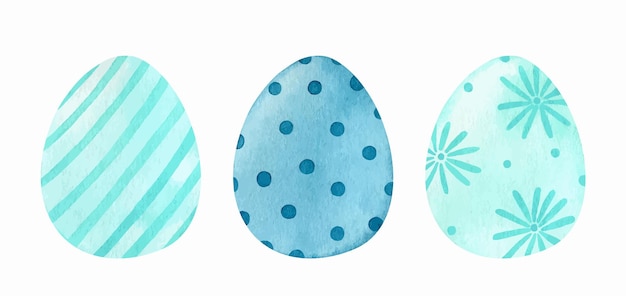 Vector conjunto de acuarela con huevos de pascua decorados en colores azules.