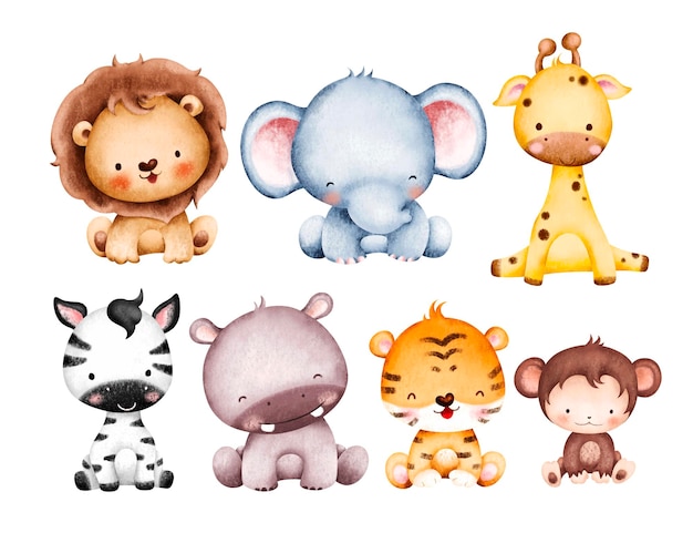 Conjunto de acuarela de lindo bebé Safari animales ilustración