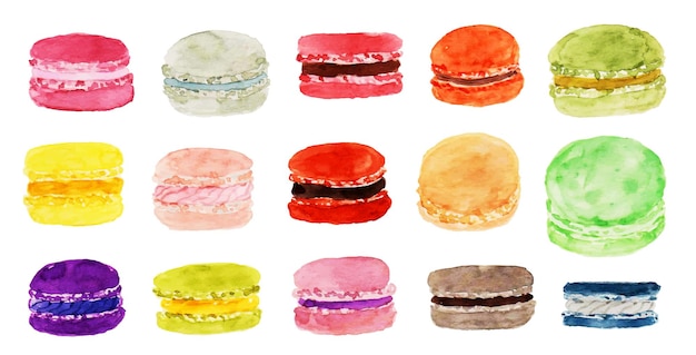 un conjunto de acuarela de macarrones de colores pintados a mano