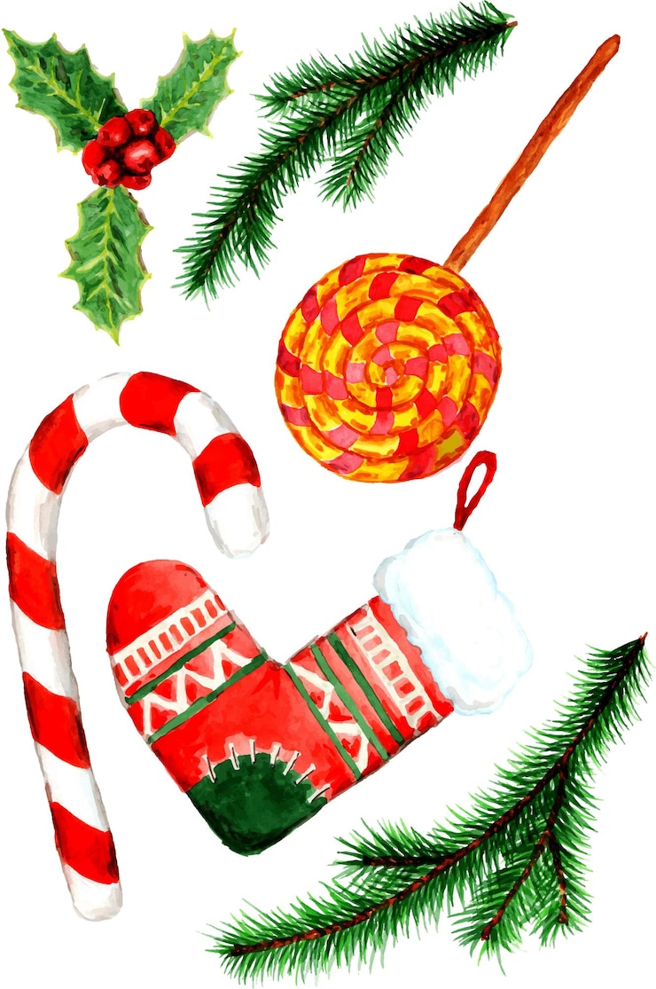 Vector conjunto, de, acuarela, navidad, clipart, objetos