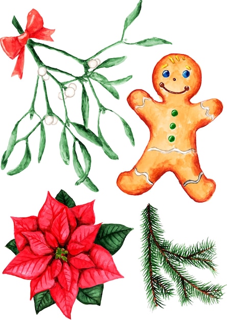 Conjunto, de, acuarela, navidad, clipart, objetos