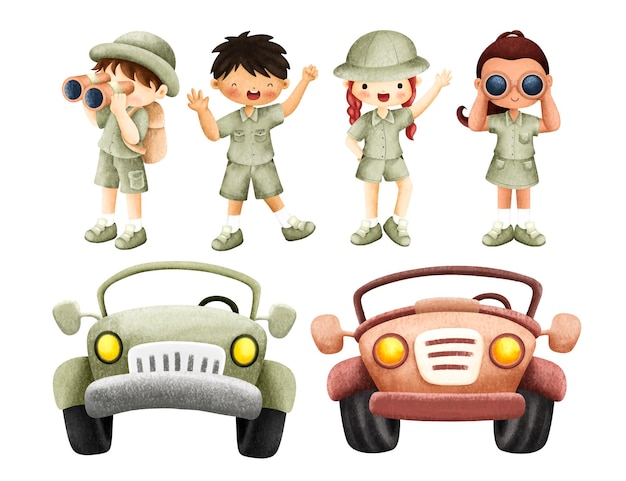 Vector conjunto de acuarela de niños safari