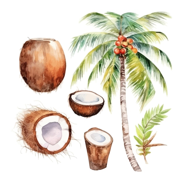 Vector conjunto de acuarela de ramas de tronco de palmeras y cocos sobre un fondo blanco