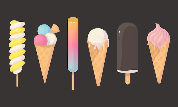 Vector conjunto de acuarela realista de helado. ilustración de vector sobre fondo oscuro.