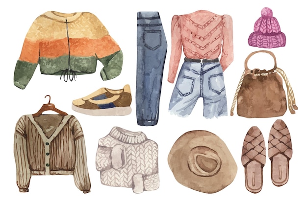 Conjunto de acuarela de ropa de mujer de otoño Ilustración de ropa de abrigo de moda