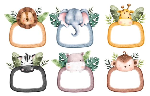 conjunto, de, acuarela, safari, animal, marco