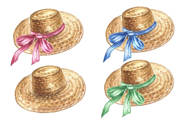 Vector conjunto de acuarela de sombreros de paja con cintas de colores