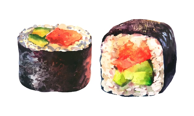 Conjunto de acuarela vectorial de sushi maki con salmón, aguacate y queso crema. Rollo japonés clásico.