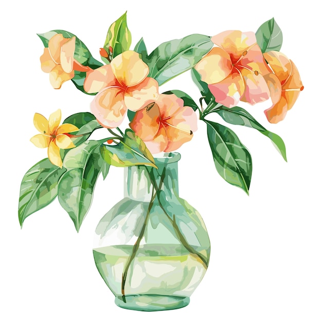 Vector conjunto de acuarelas allamanda flower in vase aisladas sobre un fondo blanco