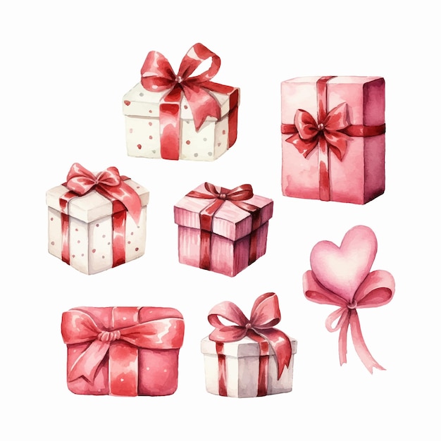 Conjunto de acuarelas de coloridas cajas de regalos para el día de san valentín