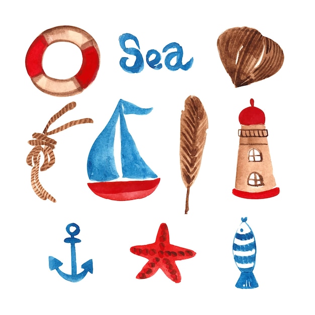 Conjunto de acuarelas de estilo de dibujos animados de tema marino