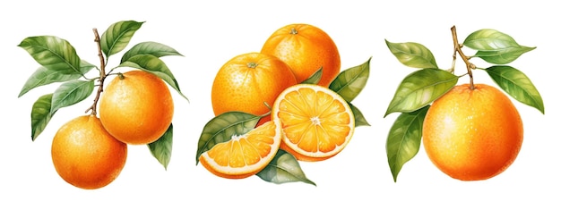 Conjunto de acuarelas en flor de ramas de naranjos flores y naranjas AI Generative
