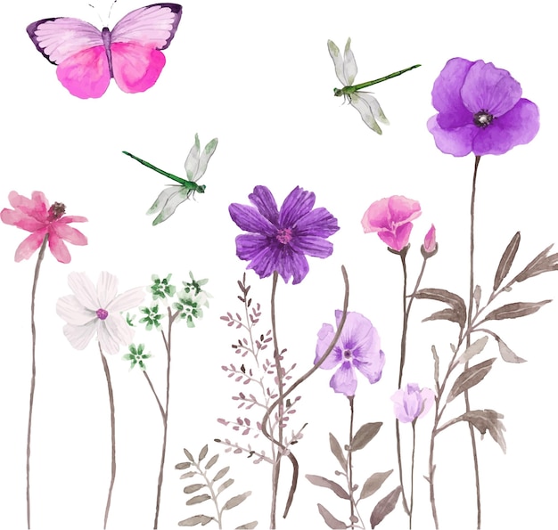 Vector conjunto de acuarelas de flores silvestres y mariposas ilustración dibujada a mano