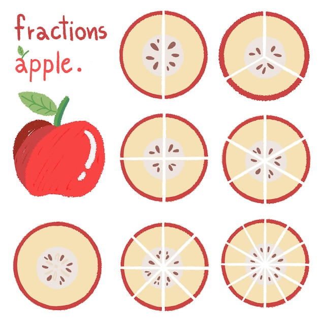 Vector conjunto de acuarelas matemáticas sobre fracciones dividir manzanas en fracciones