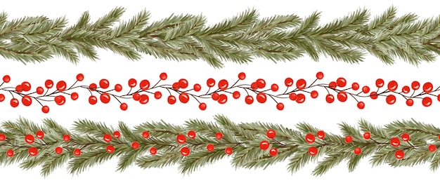 Conjunto de acuarelas de Navidad con bordes de guirnaldas decoradas con ramas de abeto de bayas de acebo rojo