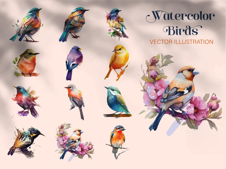 Conjunto de acuarelas pájaros y gorriones vector illustrationOn ramas decoradas con hojas y flores