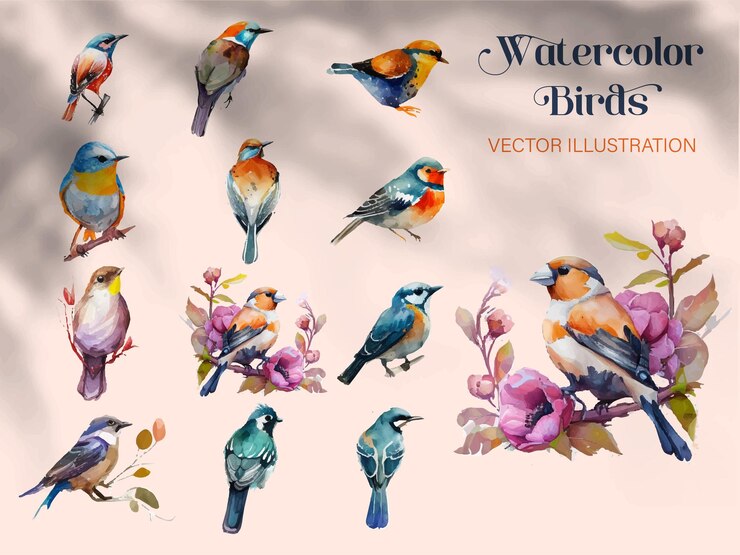 Conjunto de acuarelas pájaros y gorriones vector illustrationOn ramas decoradas con hojas y flores