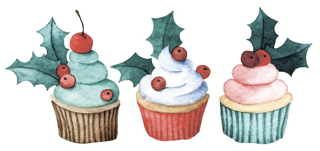 conjunto de acuarelas con pasteles de Navidad dibujos animados