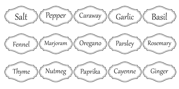 Conjunto de adhesivos de cocina vectoriales etiqueta de pimienta especia etiqueta de hierba emblema picante papel sal jengibre tomillo