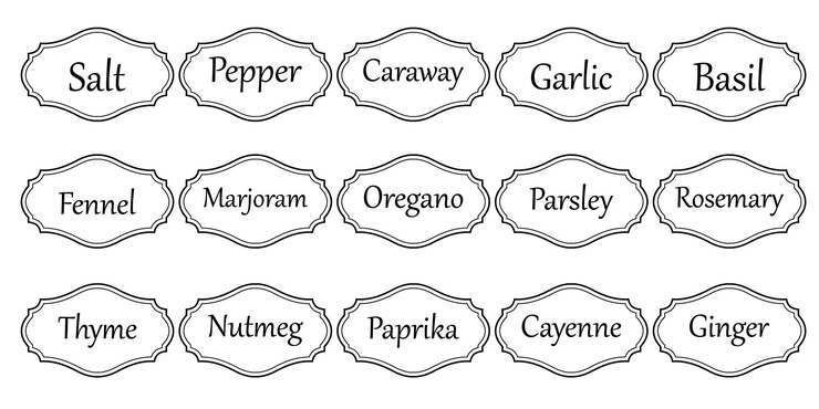 Conjunto de adhesivos de cocina vectoriales etiqueta de pimienta especia etiqueta de hierba emblema picante papel sal jengibre tomillo