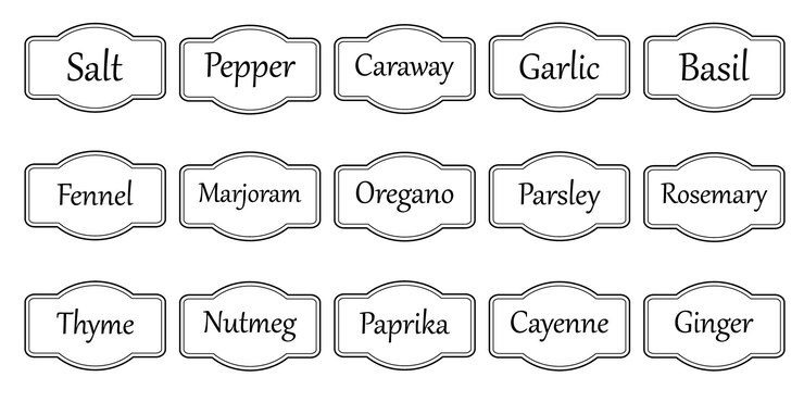 Conjunto de adhesivos de cocina vectoriales etiqueta de pimienta especia etiqueta de hierba emblema picante papel sal jengibre tomillo