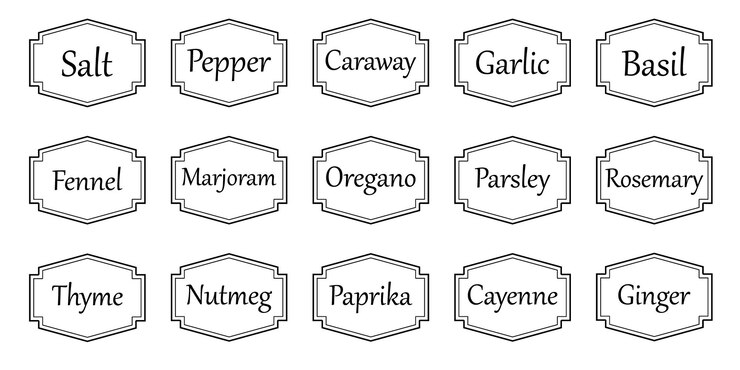 Conjunto de adhesivos de cocina vectoriales etiqueta de pimienta especia etiqueta de hierba emblema picante papel sal jengibre tomillo