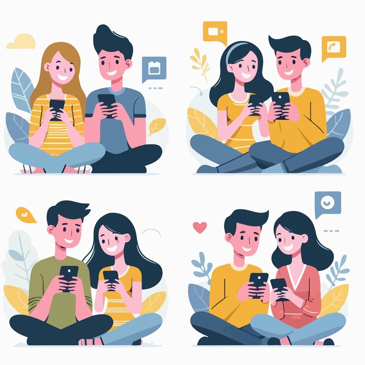 Vector conjunto de adolescentes vectoriales con teléfono inteligente