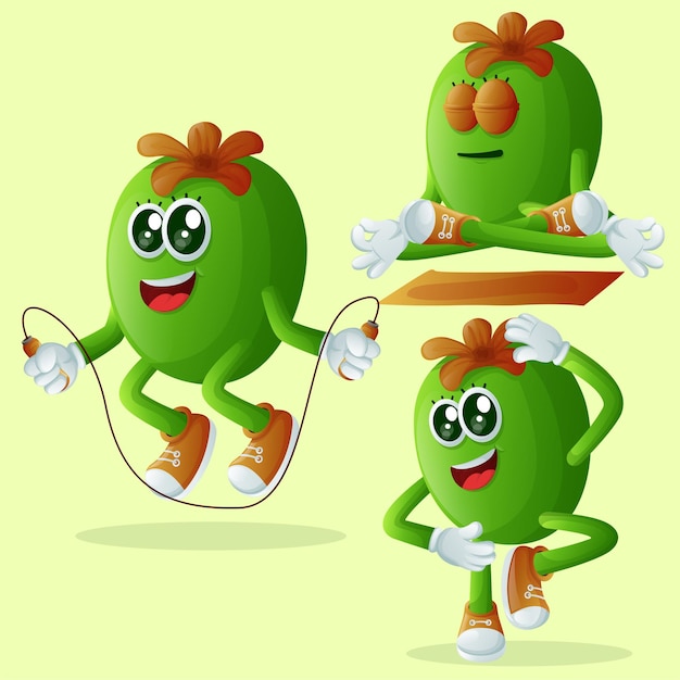 Vector conjunto de adorables ejercicios de personajes de feijoas perfecto para niños mercancía y adhesivo promoción de banner o blog