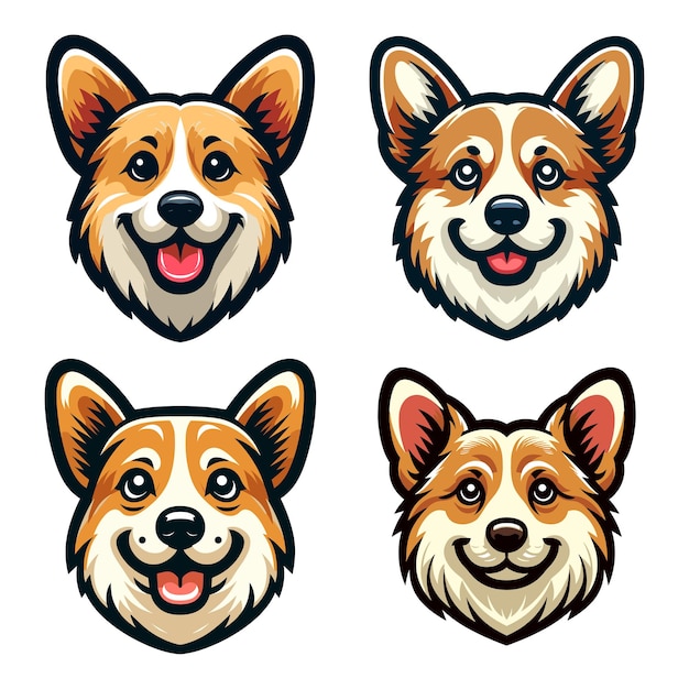 Conjunto de adorables y lindos Corgi cara de perro personaje de dibujos animados ilustración vectorial animal de compañía gracioso