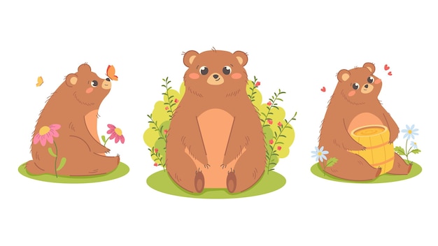 Conjunto de adorables osos de dibujos animados para niños Osos con barril de miel Osos con mariposas en la nariz Osos durmientes Osos con arbusto de frambuesa Ilustración vectorial