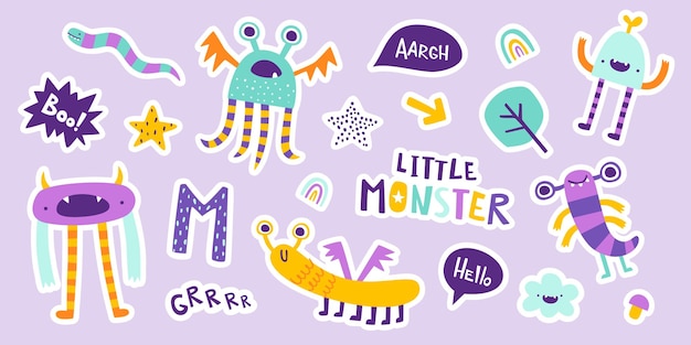 Conjunto de adorables pegatinas de monstruos garabateados Colección vectorial de pequeños monstruos divertidos