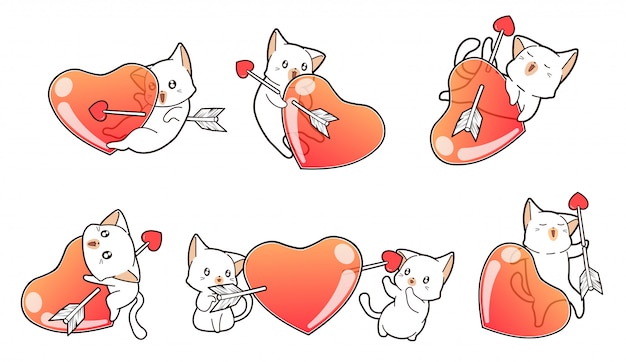 Conjunto de adorables personajes de gato con corazones